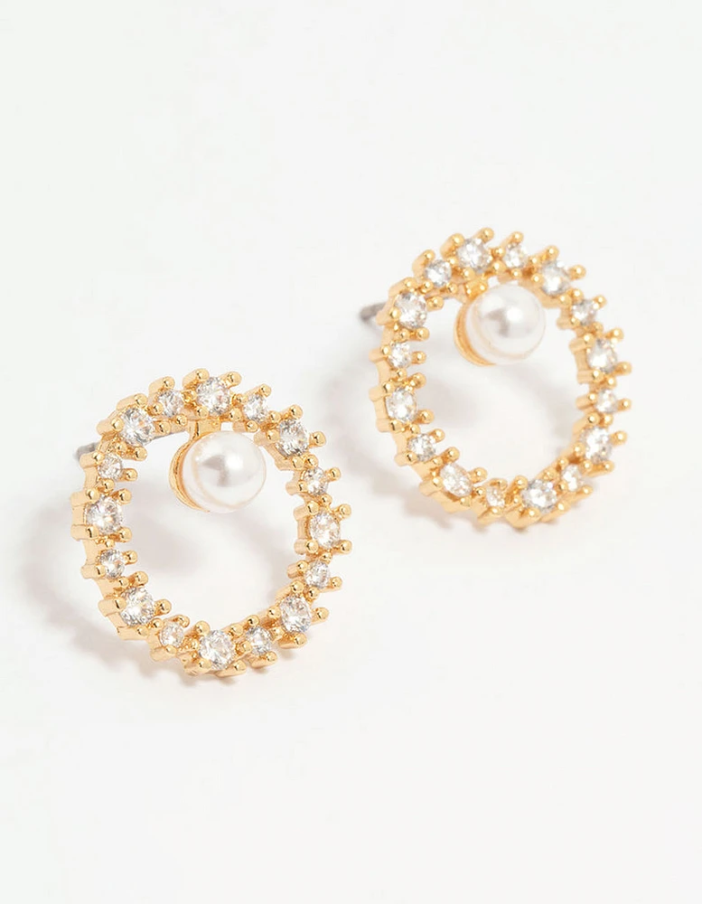 Gold Plated Cubic Zirconia Pearl Wreath Stud Earrings