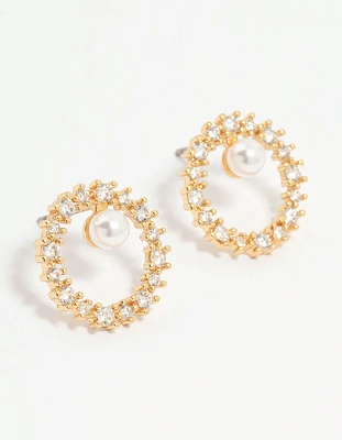 Gold Plated Cubic Zirconia Pearl Wreath Stud Earrings