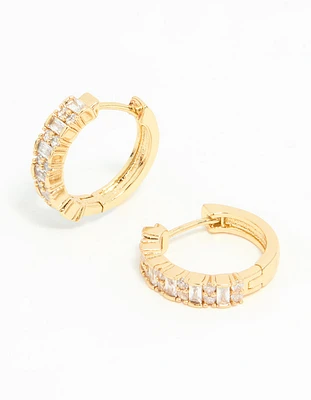 Gold Plated Diamante Baguette Pave Hoop Earrings