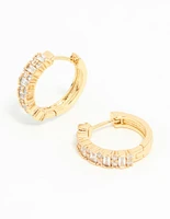 Gold Plated Diamante Baguette Pave Hoop Earrings