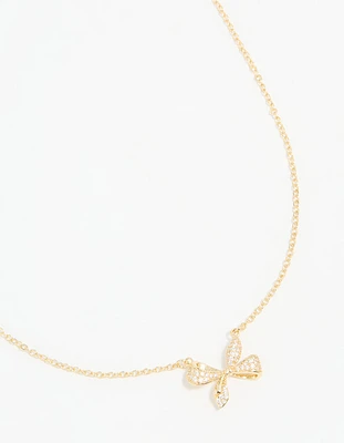 Gold Plated Diamante Pave Chunky Bow Necklace