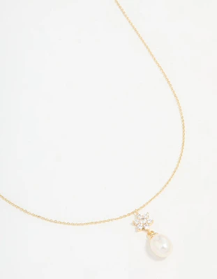 Gold Plated Cubic Zirconia & Pearl Flower Necklace