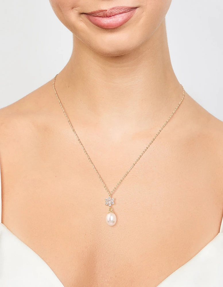 Gold Plated Cubic Zirconia & Pearl Flower Necklace