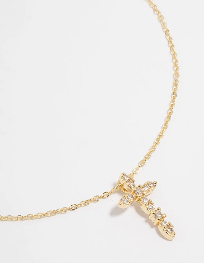 Gold Plated Cubic Zirconia Cross Pendant Necklace