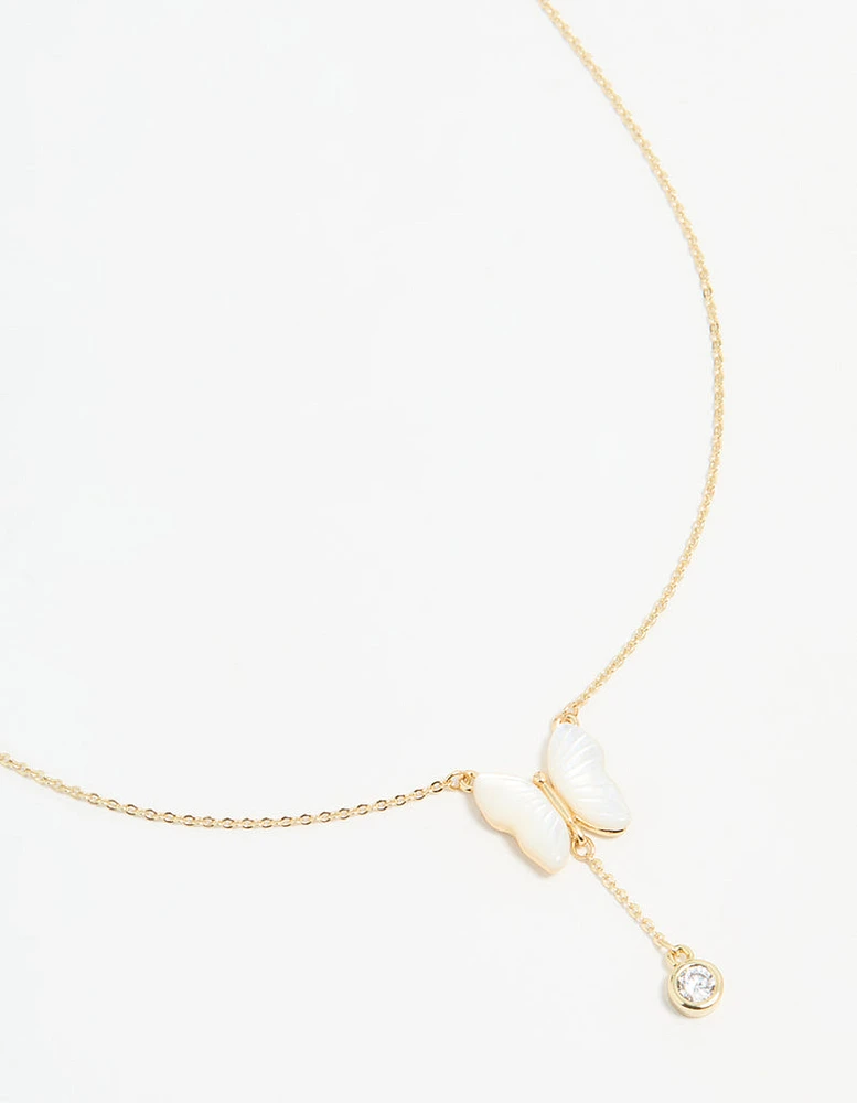 Gold Plated Mother Of Pearl & Cubic Zirconia Butterfly Y-Necklace