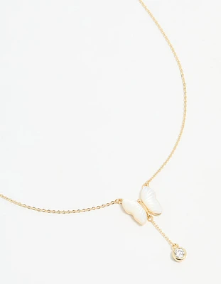 Gold Plated Mother Of Pearl & Cubic Zirconia Butterfly Y-Necklace