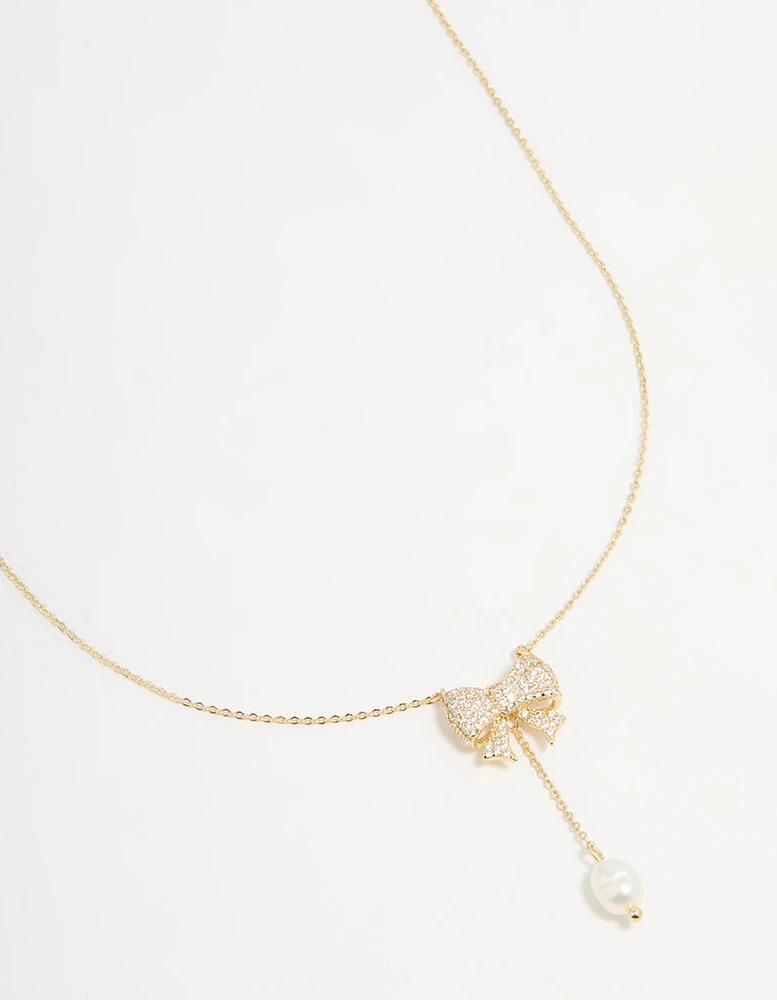 Gold Plated Pearl & Cubic Zirconia Chunky Bow Y-Necklace
