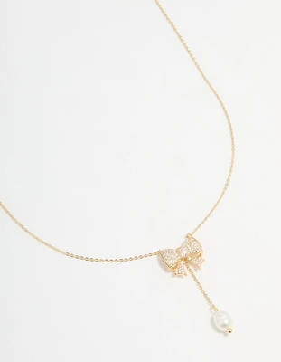 Gold Plated Pearl & Cubic Zirconia Chunky Bow Y-Necklace