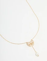 Gold Plated Pearl & Cubic Zirconia Chunky Bow Y-Necklace
