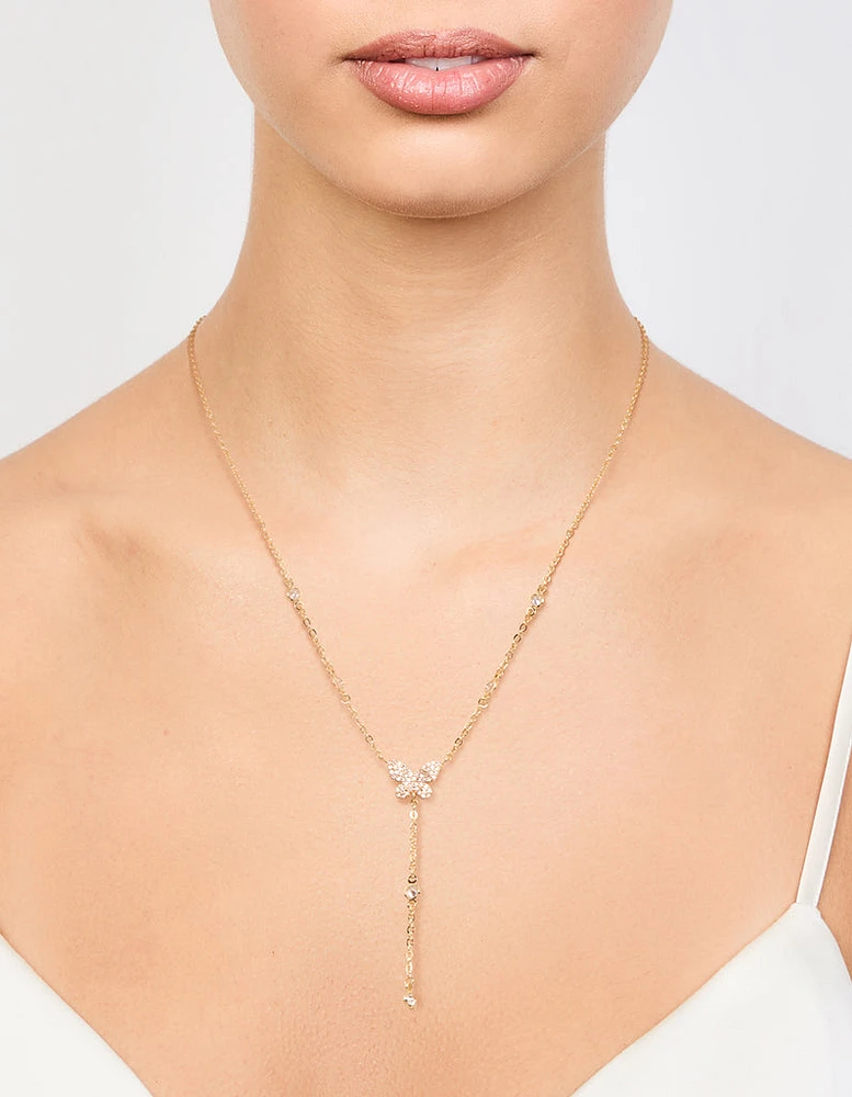 Gold Plated Cubic Zirconia Butterfly Y-Necklace
