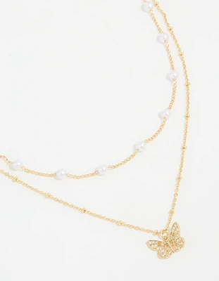 Gold Plated Pearl Butterfly Layered Necklace