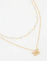 Gold Plated Pearl Butterfly Layered Necklace