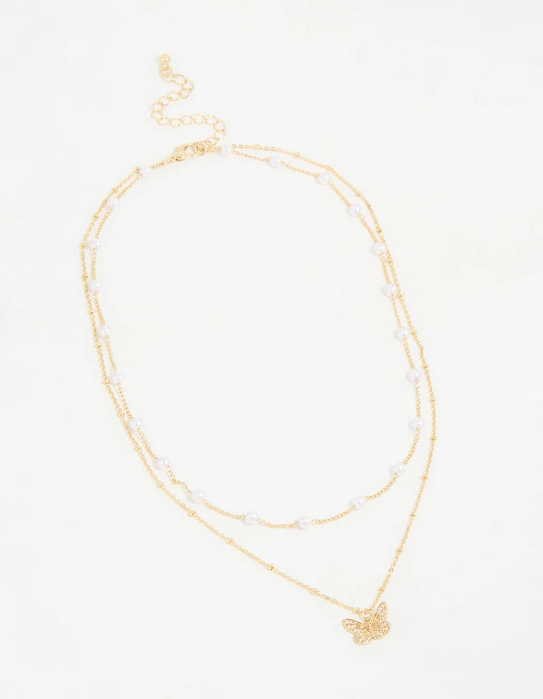 Gold Plated Pearl Butterfly Layered Necklace