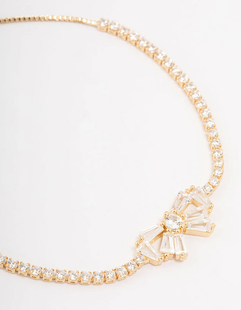Gold Plated Cubic Zirconia Baguette Bow Toggle Bracelet
