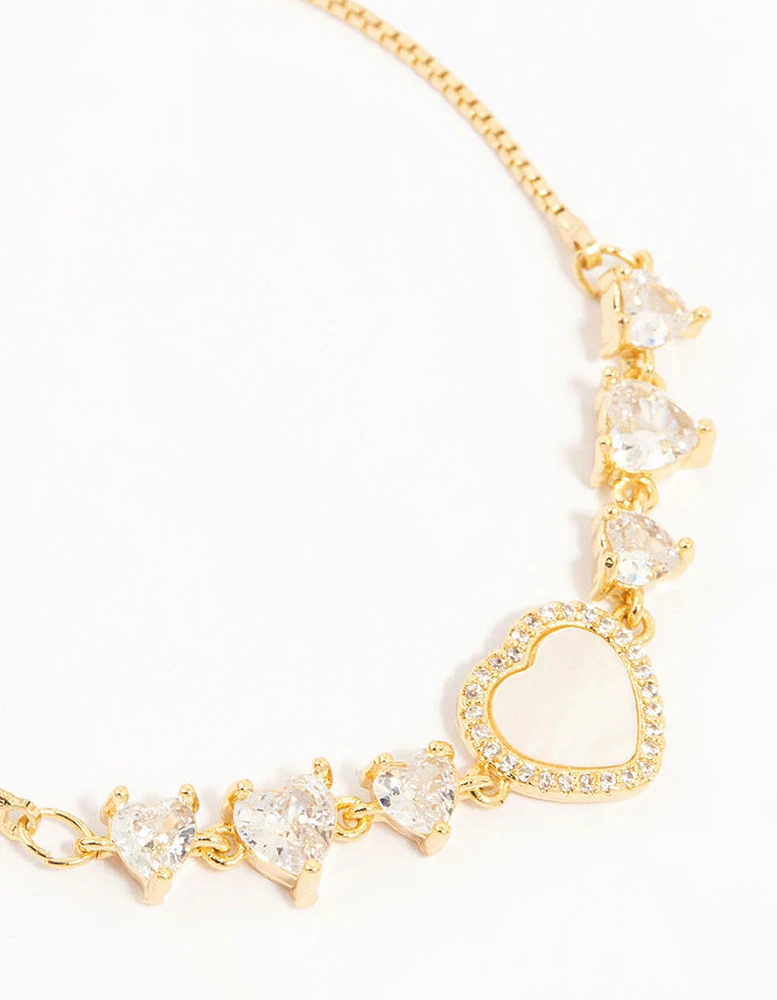 Gold Plated Mother Of Pearl & Mini Heart Toggle Bracelet