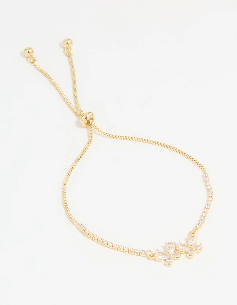 Gold Plated Cubic Zirconia Double Butterfly Toggle Bracelet