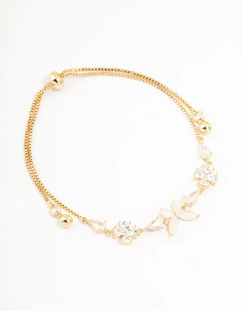 Gold Plated Cubic Zirconia Butterfly & Flower Toggle Bracelet