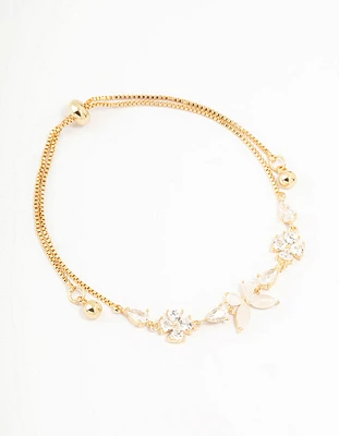 Gold Plated Cubic Zirconia Butterfly & Flower Toggle Bracelet