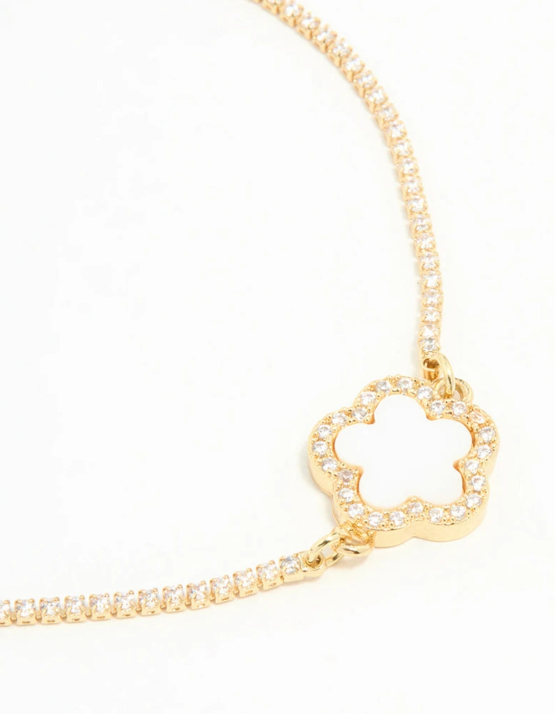 Gold Plated Cubic Zirconia Flower Toggle Bracelet