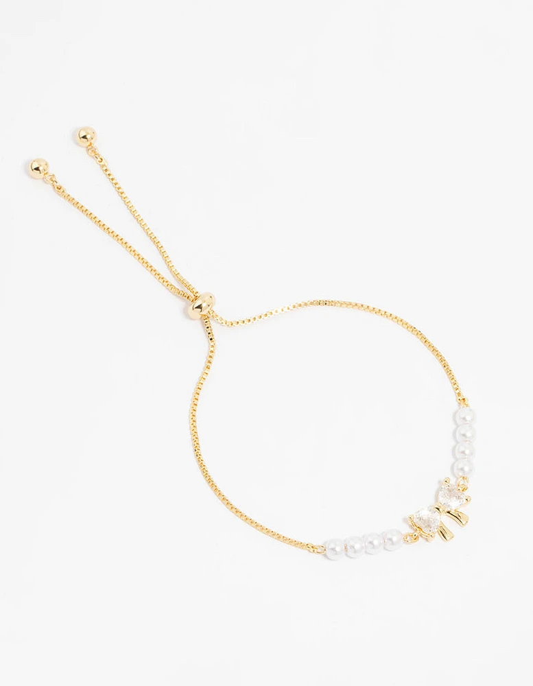 Gold Plated Cubic Zirconia Bow & Pearl Toggle Bracelet