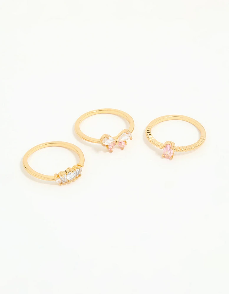 Gold Plated Pink Cubic Zirconia Bow Rings 3-Pack