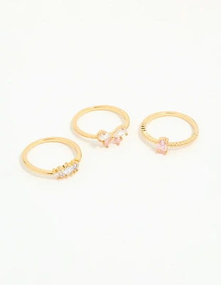 Gold Plated Pink Cubic Zirconia Bow Rings 3-Pack