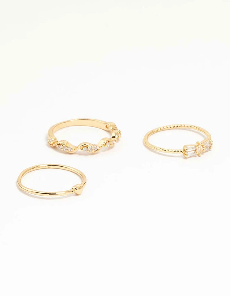 Gold Plated Bow & Mini Heart Stacking Rings 3-Pack
