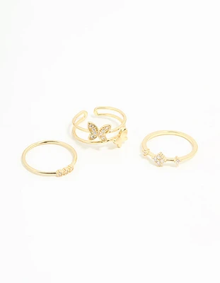 Gold Plated Cubic Zirconia Butterfly Rings 3-Pack