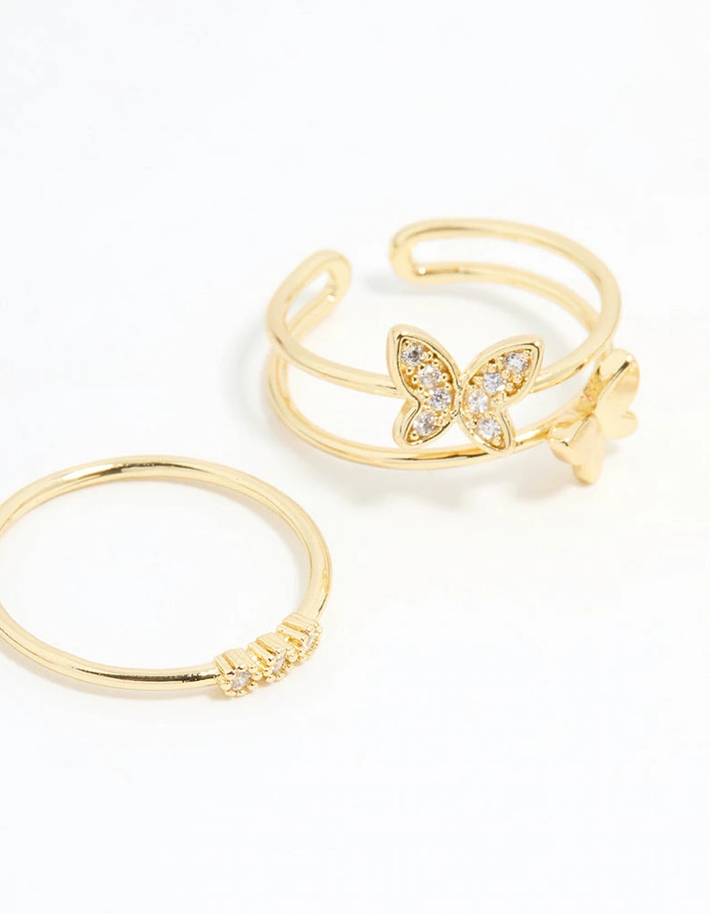 Gold Plated Cubic Zirconia Butterfly Rings 3-Pack