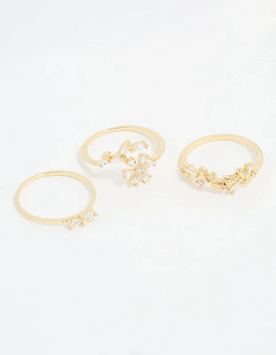 Gold Plated Pearl Flower & Bow Rings 3-Pack