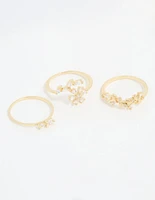 Gold Plated Pearl Flower & Bow Rings 3-Pack