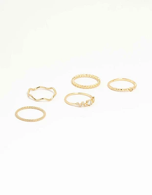 Gold Plated Squiggle & Rope Rings 5-Pack