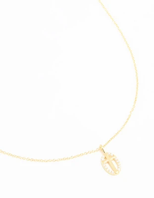 Gold Plated Sterling Silver Cubic Zirconia Oval Cross Necklace