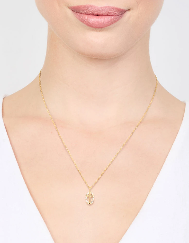 Gold Plated Sterling Silver Cubic Zirconia Oval Cross Necklace