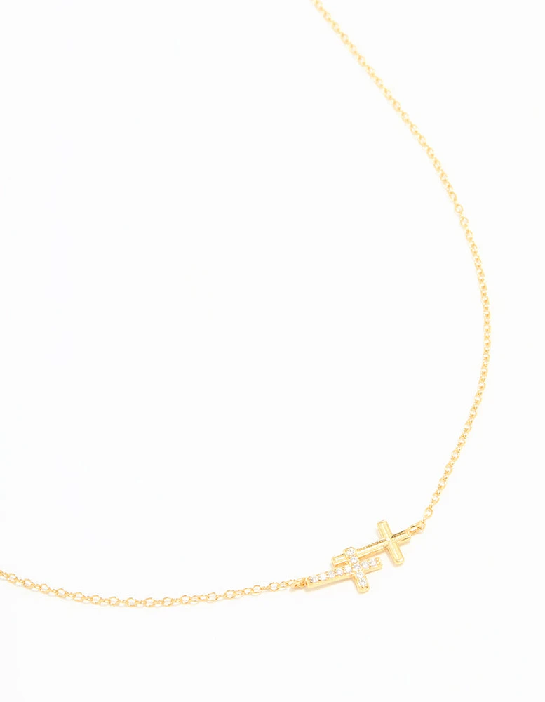 Gold Plated Sterling Silver Cubic Zirconia Double Cross Necklace
