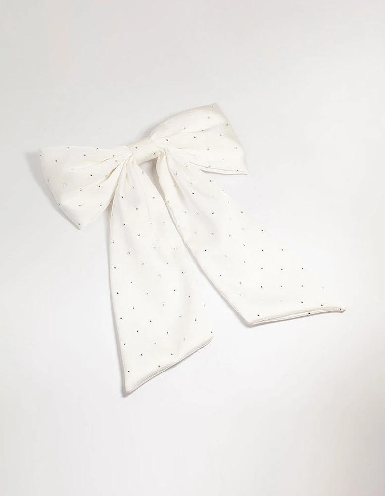 White Fabric Diamante Scatter Bow Clip