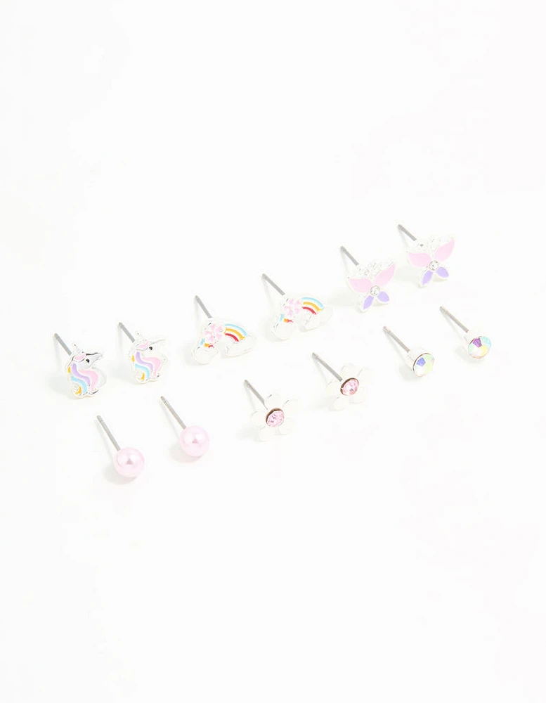 Kids Silver Unicorn & Butterfly Stud Earrings 6-Pack
