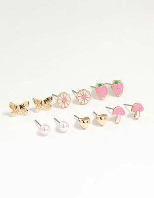 Kids Gold Mushroom & Strawberry Stud Earrings 6-Pack