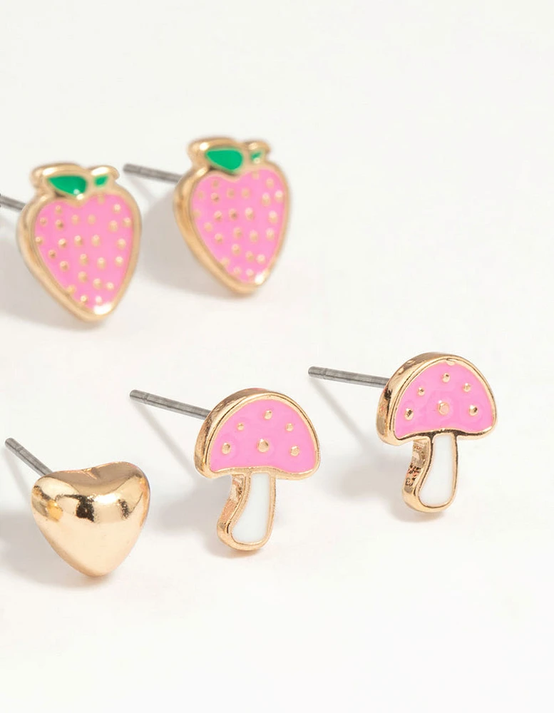 Kids Gold Mushroom & Strawberry Stud Earrings 6-Pack
