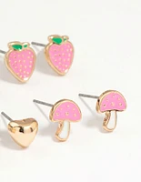 Kids Gold Mushroom & Strawberry Stud Earrings 6-Pack