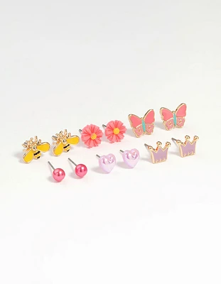Kids Gold Tiara & Bee Stud Earrings 6-Pack