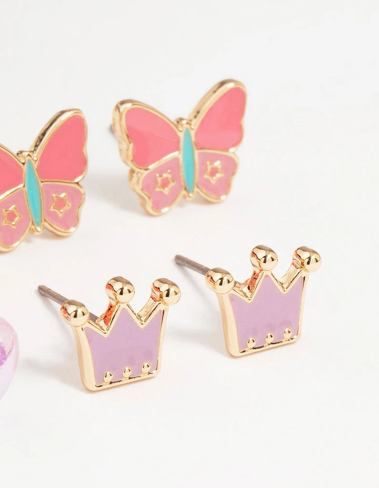 Kids Gold Tiara & Bee Stud Earrings 6-Pack