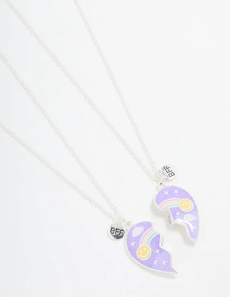 Kids Silver Rainbow Heart BFF Necklace Set