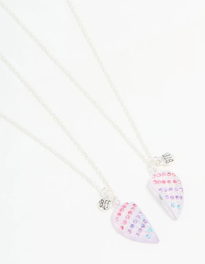 Kids Silver Ombre Diamante Heart BFF Pendant Necklace Set