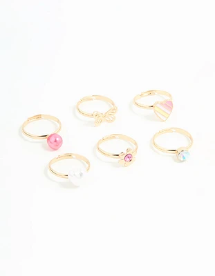 Kids Gold Pearl Heart & Butterfly Stacking Rings 6-Pack