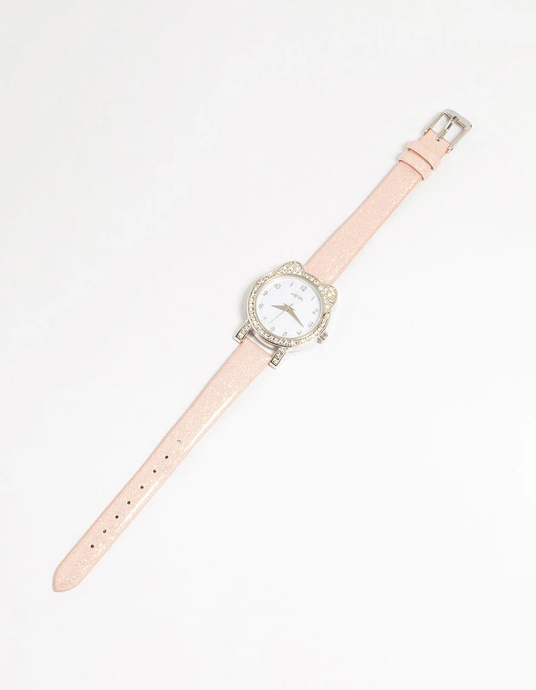 Kids PU Leather Diamante Cat Bezel Watch
