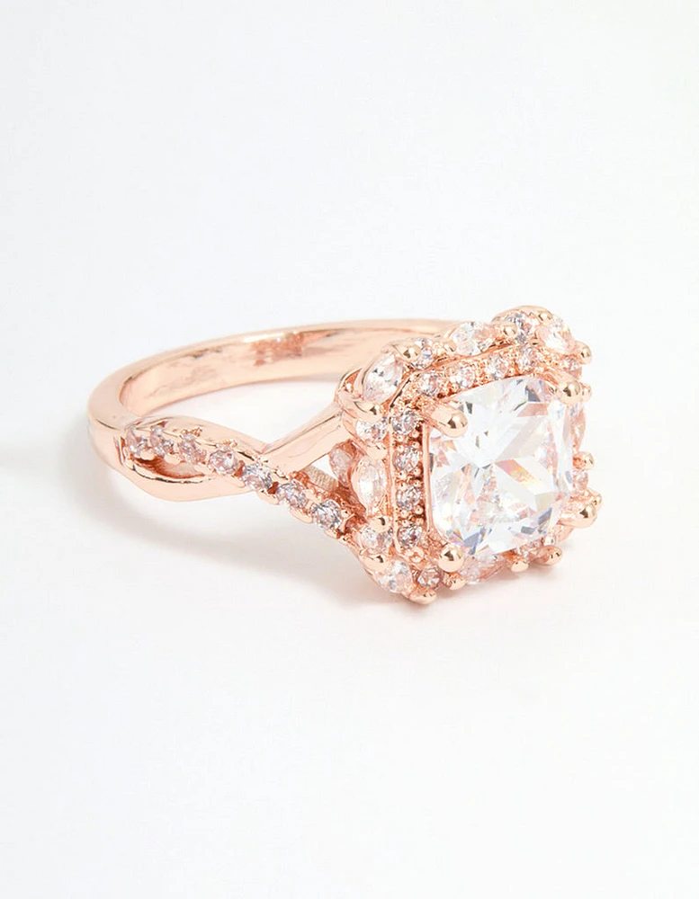 Rose Gold Cubic Zirconia Princess Halo Ring