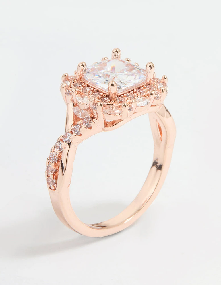 Rose Gold Cubic Zirconia Princess Halo Ring