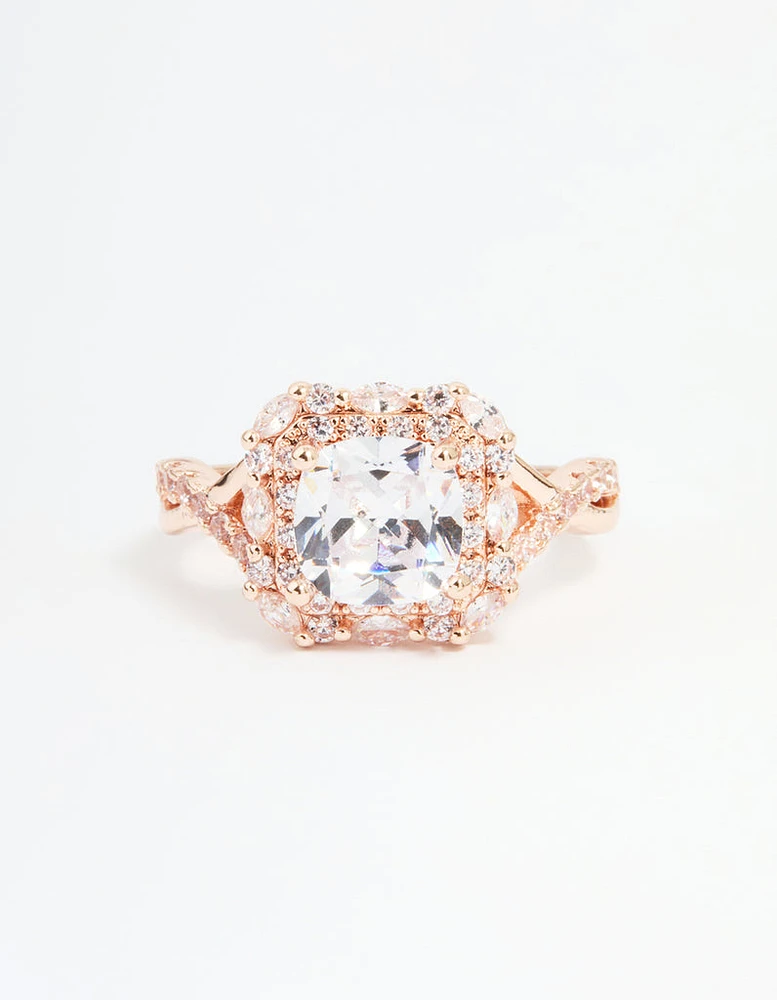 Rose Gold Cubic Zirconia Princess Halo Ring