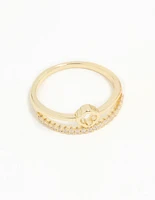 Gold Plated Cubic Zirconia Dainty Stacked Flower & Band Rings 2-Pack